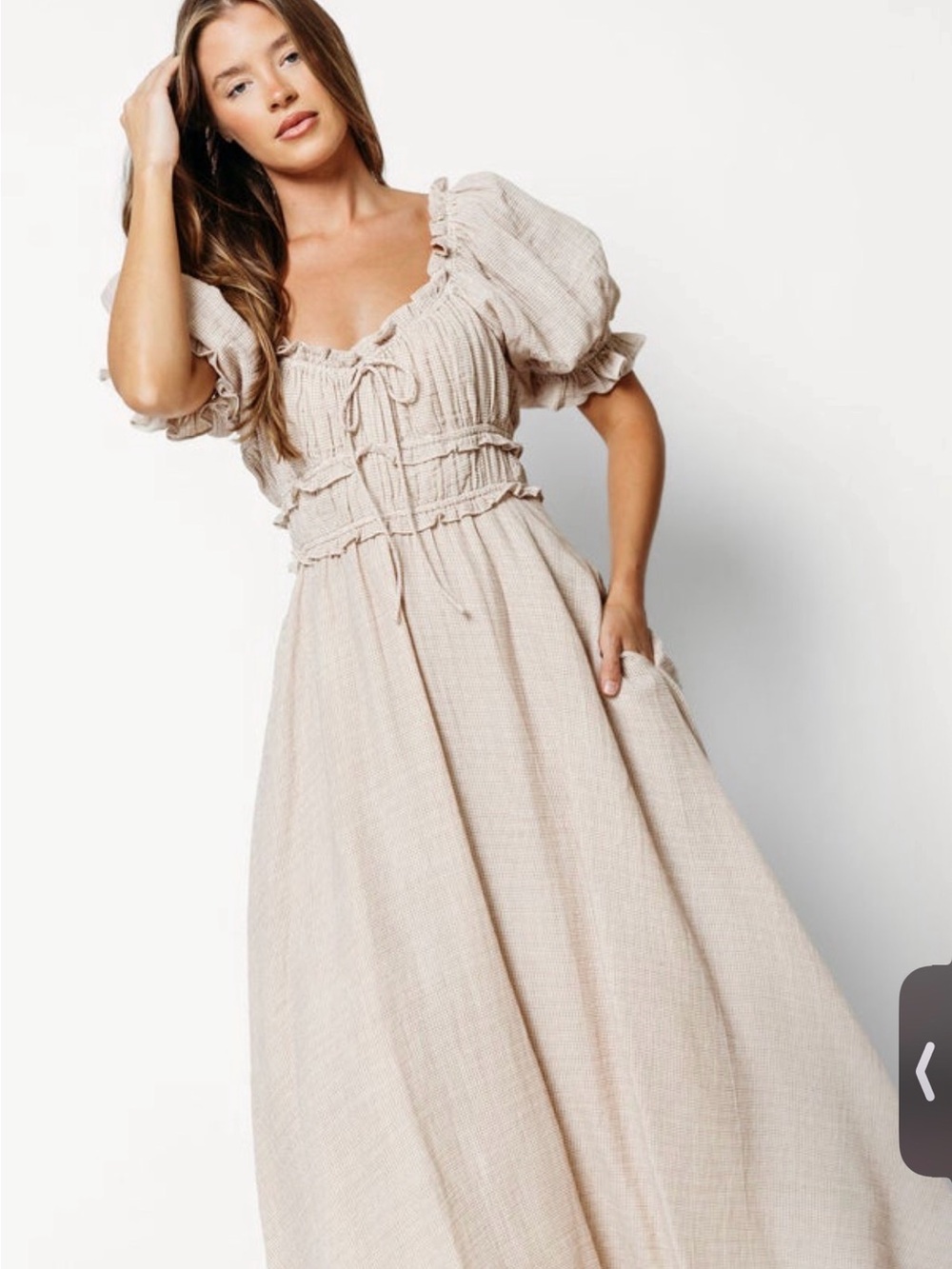 Puff-Sleeve Maxi Dress in Light Beige with Smocked Tie Bodice